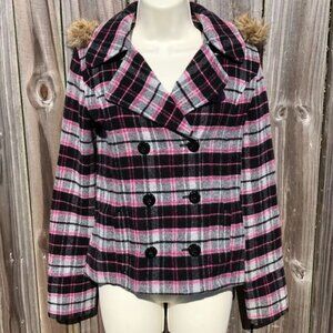 Victoria’s Secret PINK Wool Plaid Jacket XS Coat Fur Hooded Black Gray Top Hood